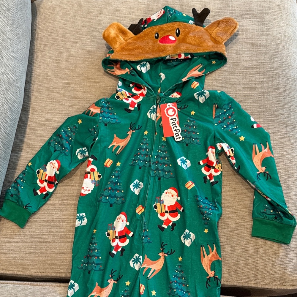 PatPat Green Festive Onesie with Santa and Reindeer